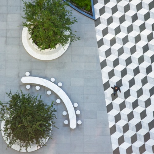 Studios in San Francisco CA - Trinity Place at 1190 - Outdoor Courtyard from Aerial View, with Pattern, Trees, and Benches Studios in San Francisco CA - Trinity Place at 1190 - Outdoor Courtyard from Aerial View, with Pattern, Trees, and Benches