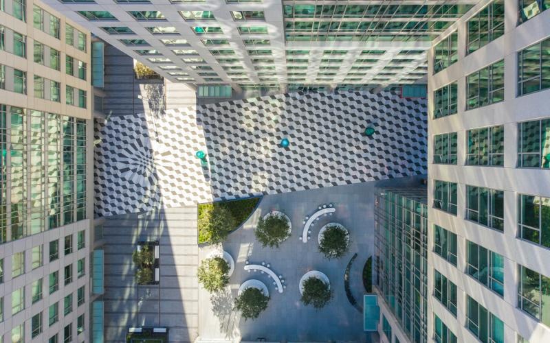 a courtyard between buildings